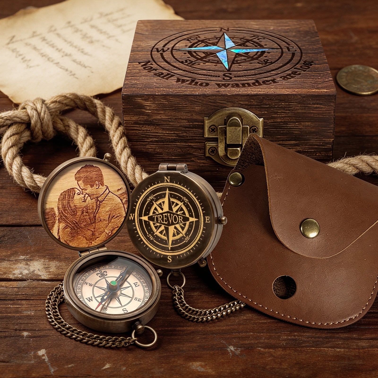 Personalized Engraved Compass with Wooden Box Custom Brass Pocket Compass with PU Leather Storage Pouch