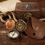 Personalized Engraved Compass with Wooden Box Custom Brass Pocket Compass with PU Leather Storage Pouch for Camping Hiking Fishing Vintage Antique Keepsake Father's Day Birthday Xmas Gifts