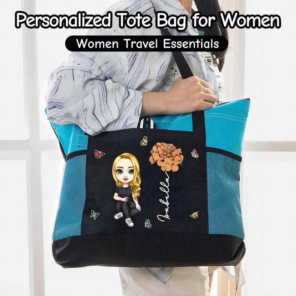 11Personalized Oxford Tote Bag for Women Custom Cartoon Lady Birth Flower Travel Storage Bag with Name Large Capacity Bag for Office Travel Beach Shopping Picnic Birthday Gift for Women