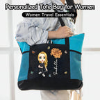 11Personalized Oxford Tote Bag for Women Custom Cartoon Lady Birth Flower Travel Storage Bag with Name Large Capacity Bag for Office Travel Beach Shopping Picnic Birthday Gift for Women