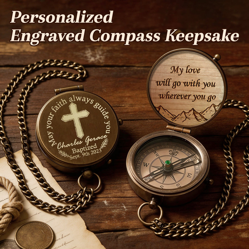 Personalized Engraved Compass with Wooden Box Custom Brass Pocket Compass with PU Leather Storage Pouch for Camping Hiking Fishing Vintage Antique Keepsake Father's Day Birthday Xmas Gifts