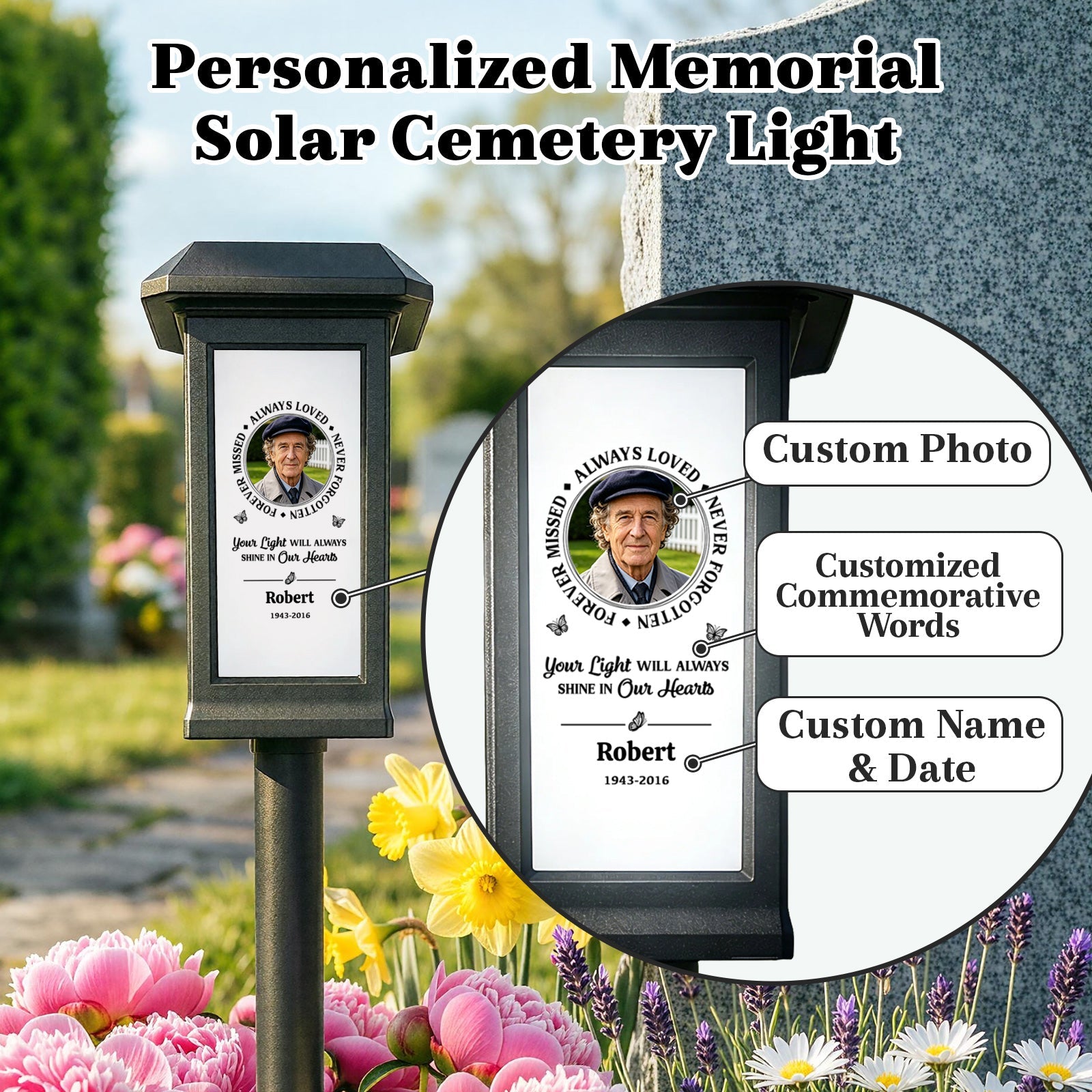 Personalized Solar Lights for Cemetery Solar Pathway Lights with Photo & Name Garden Memorial Outdoor Grave Light for Outdoor Garden Balcony Yard Memorial Remembrance Gifts for Loved Ones