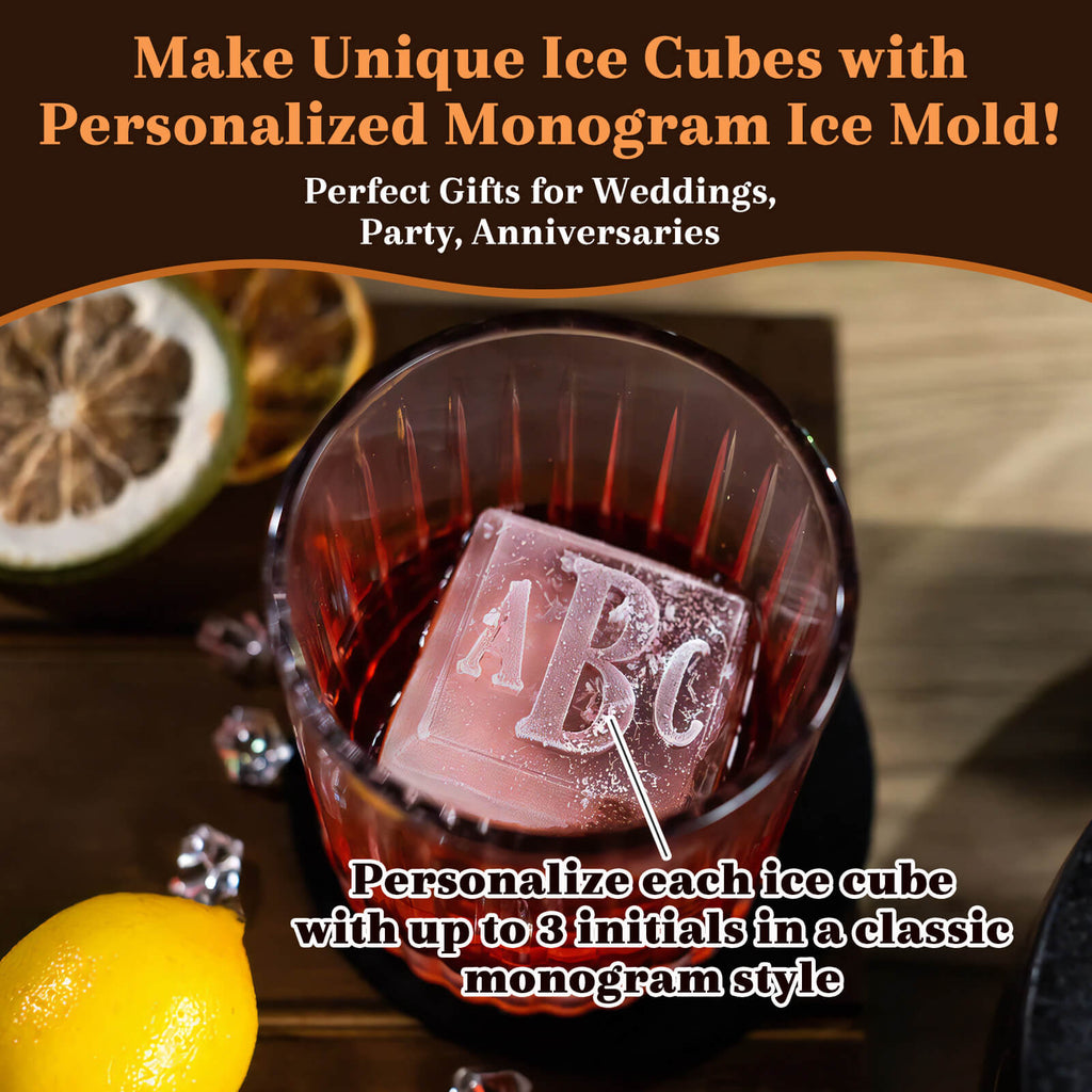 Personalized Monogrammed Ice Cubes Custom 2 inch Whiskey Rocks Food Grade Silicone Mold with Lid for Wedding Home Bar Gifts for Dad Husband Whisky Lover Cocktail Lover Bartender