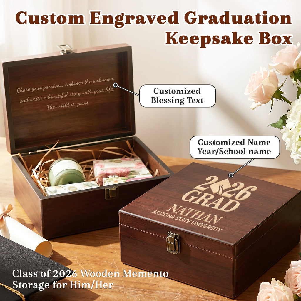 Personalized Graduation Wooden Keepsake Box Custom Engraved Memory Box with Name Storage Boxes for High School College Graduates Cap and Gown Photos Letters Graduation Gifts-for Him Her