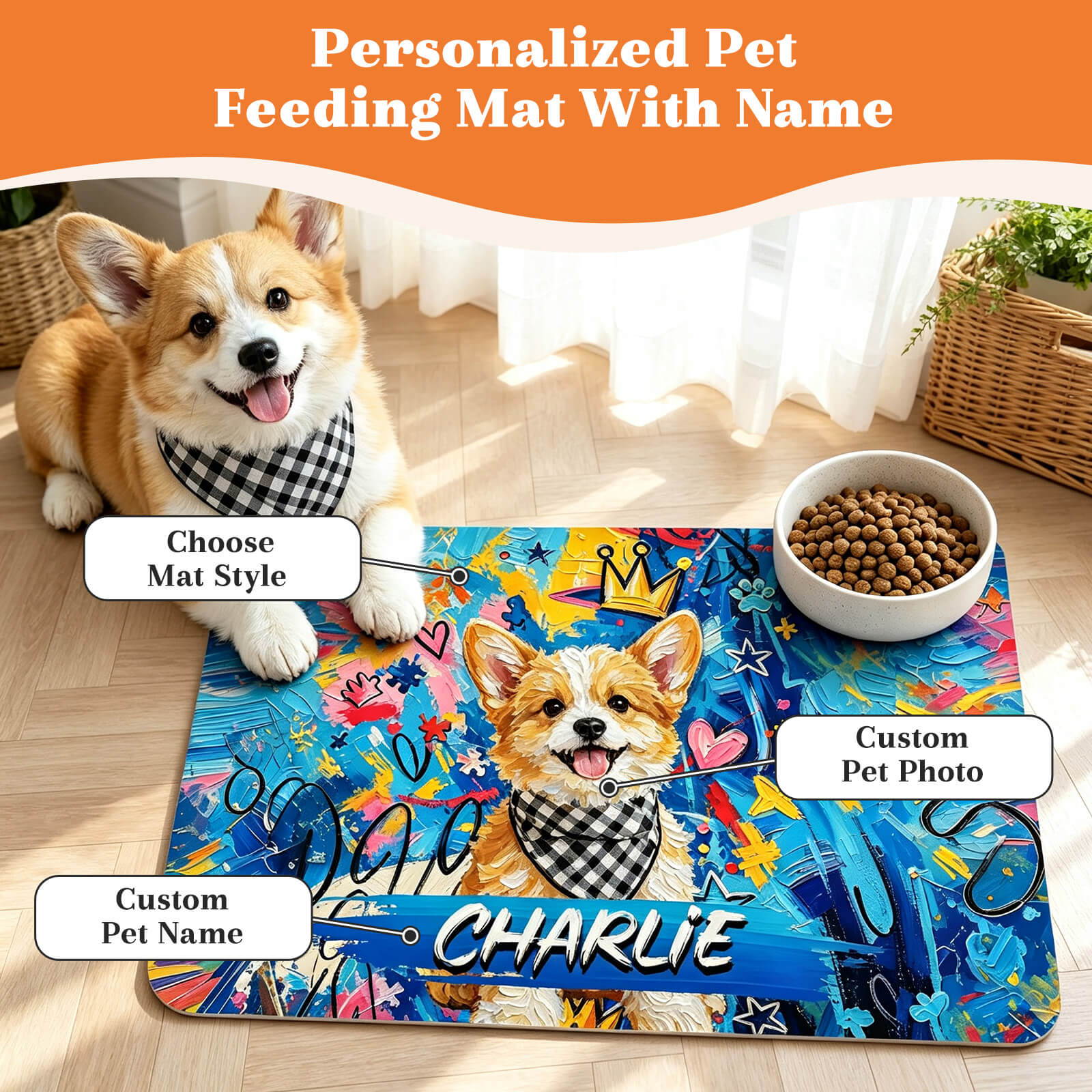 Personalized Pet Food Mat with Photo & Name Dog Mat for Food and Water Graffiti Oil Painting Style Cat Mat for Food Non-Slip Rubber Backing Pet Placemat for Cat Puppy Gift for Pet Lovers
