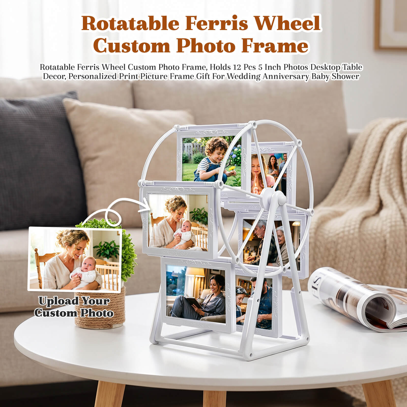 Personalized Ferris Wheel Rotating Picture Frame Vintage Photo Frame with Photo Printing Service Desk Table Top Photo Frames for Home Décor Christmas Birthday Anniversary Housewarming Gifts