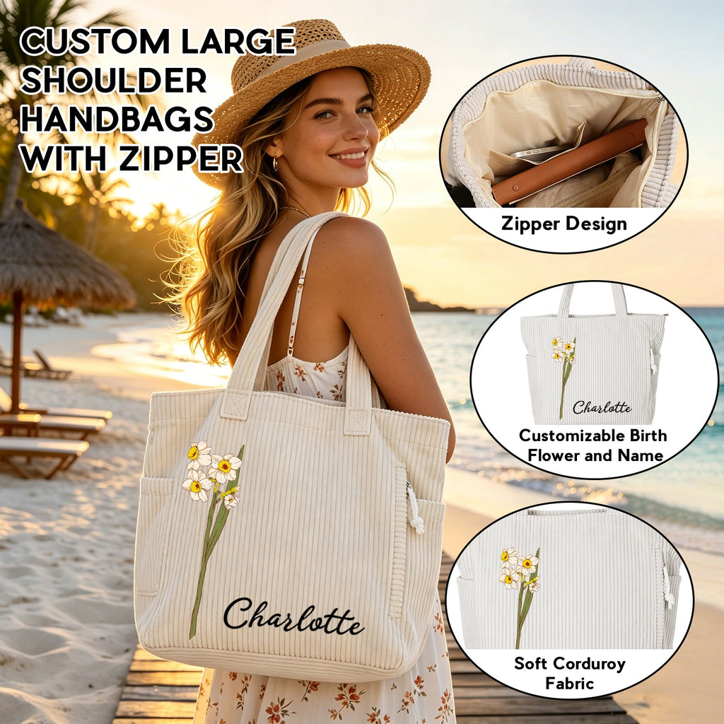 Personalized Birth Flower Corduroy Tote Bag for Women  Custom Name Large Shoulder Bag with Zipper