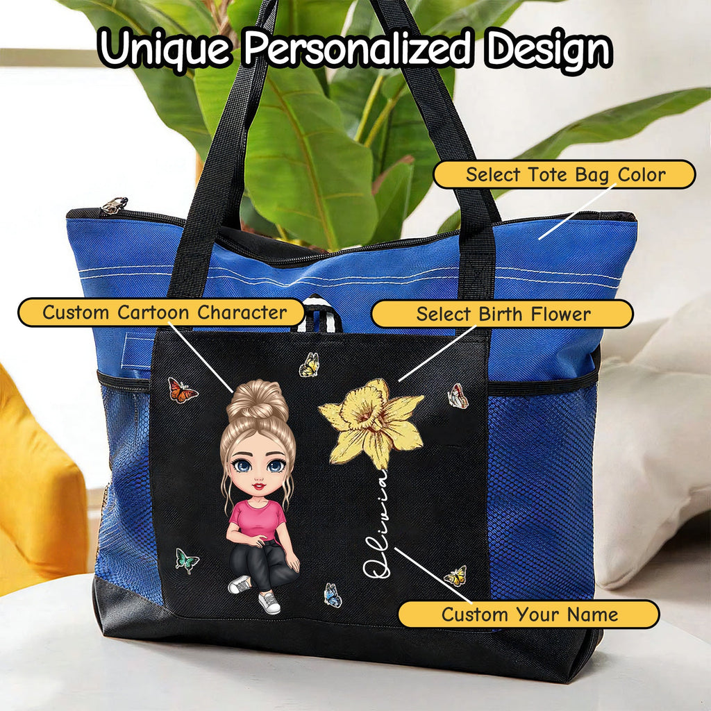 11Personalized Oxford Tote Bag for Women Custom Cartoon Lady Birth Flower Travel Storage Bag with Name Large Capacity Bag for Office Travel Beach Shopping Picnic Birthday Gift for Women
