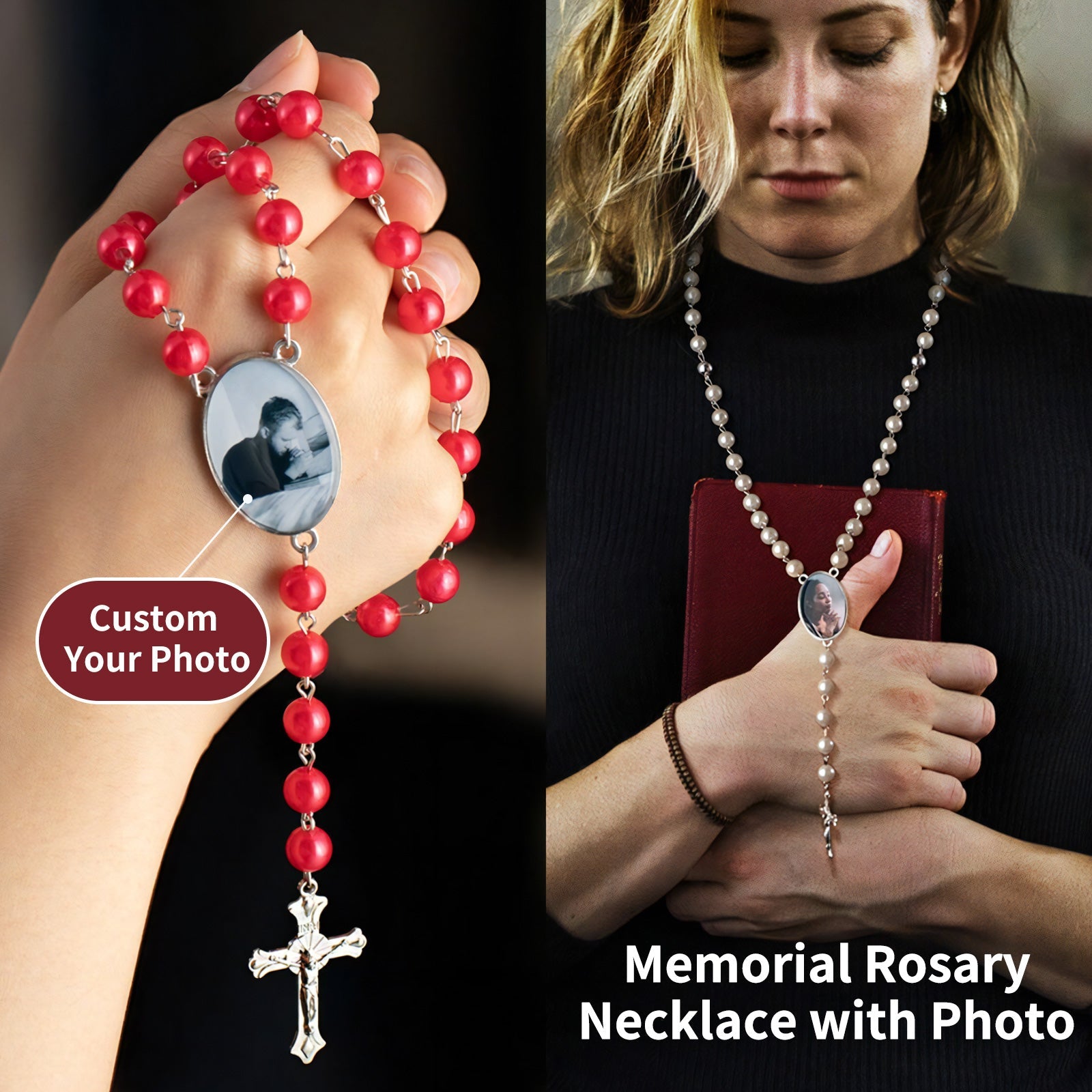 Personalized Photo Rosary Beads Necklace Memorial Necklace for Women Christian Cross Necklace Catholic Necklace with Custom Photo Prayer Gift Memorial Gift Mother's Day Gift Birthday Gift