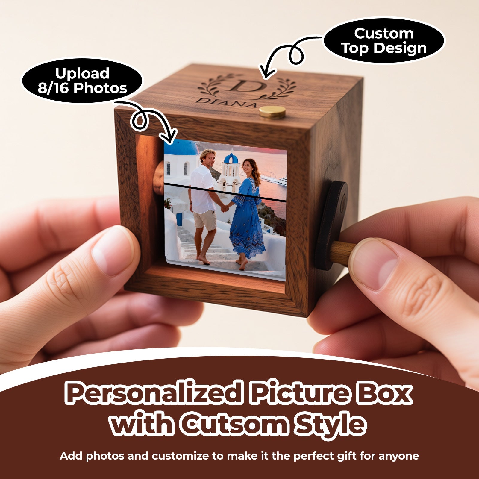 Personalized Photo Flip Box Custom Hand Crank Photo Album with Light & Name Anniversary Keepsake for Him & Her Gifts for Couple Family Christmas Day Father’s Day Wedding Birthday Gift