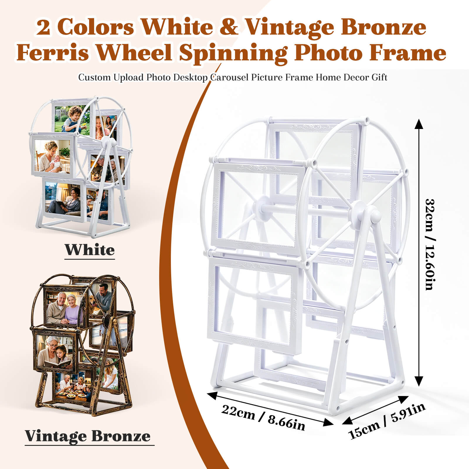Personalized Ferris Wheel Rotating Picture Frame Vintage Photo Frame with Photo Printing Service Desk Table Top Photo Frames for Home Décor Christmas Birthday Anniversary Housewarming Gifts