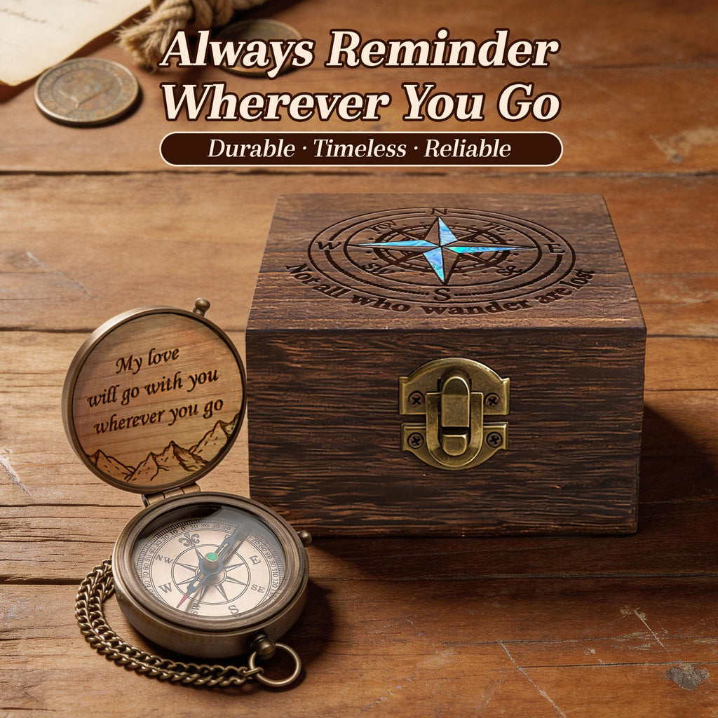 Personalized Engraved Compass with Wooden Box Custom Brass Pocket Compass with PU Leather Storage Pouch for Camping Hiking Fishing Vintage Antique Keepsake Father's Day Birthday Xmas Gifts