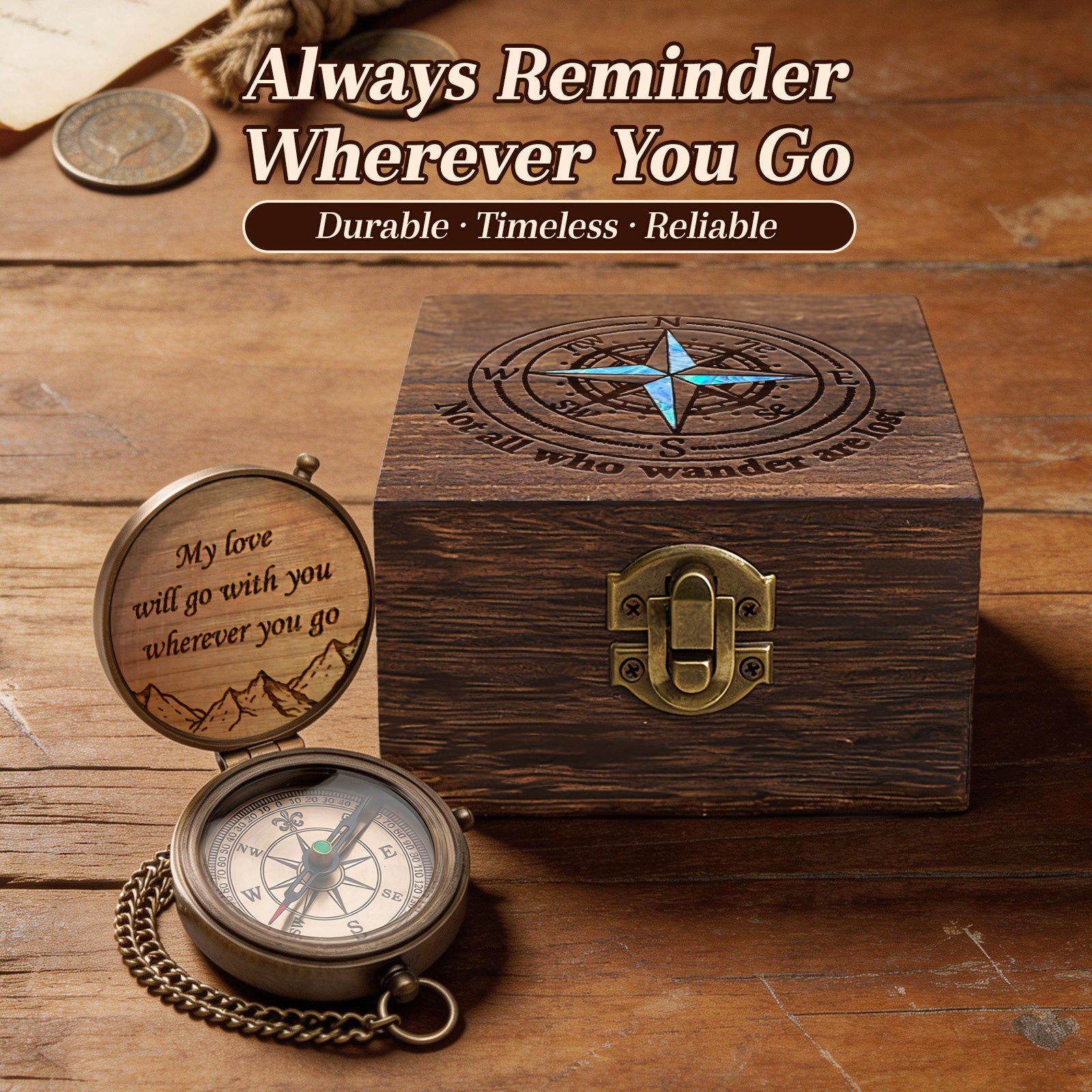 Personalized Engraved Compass with Wooden Box Custom Brass Pocket Compass with PU Leather Storage Pouch for Camping Hiking Fishing Vintage Antique Keepsake Father's Day Birthday Xmas Gifts