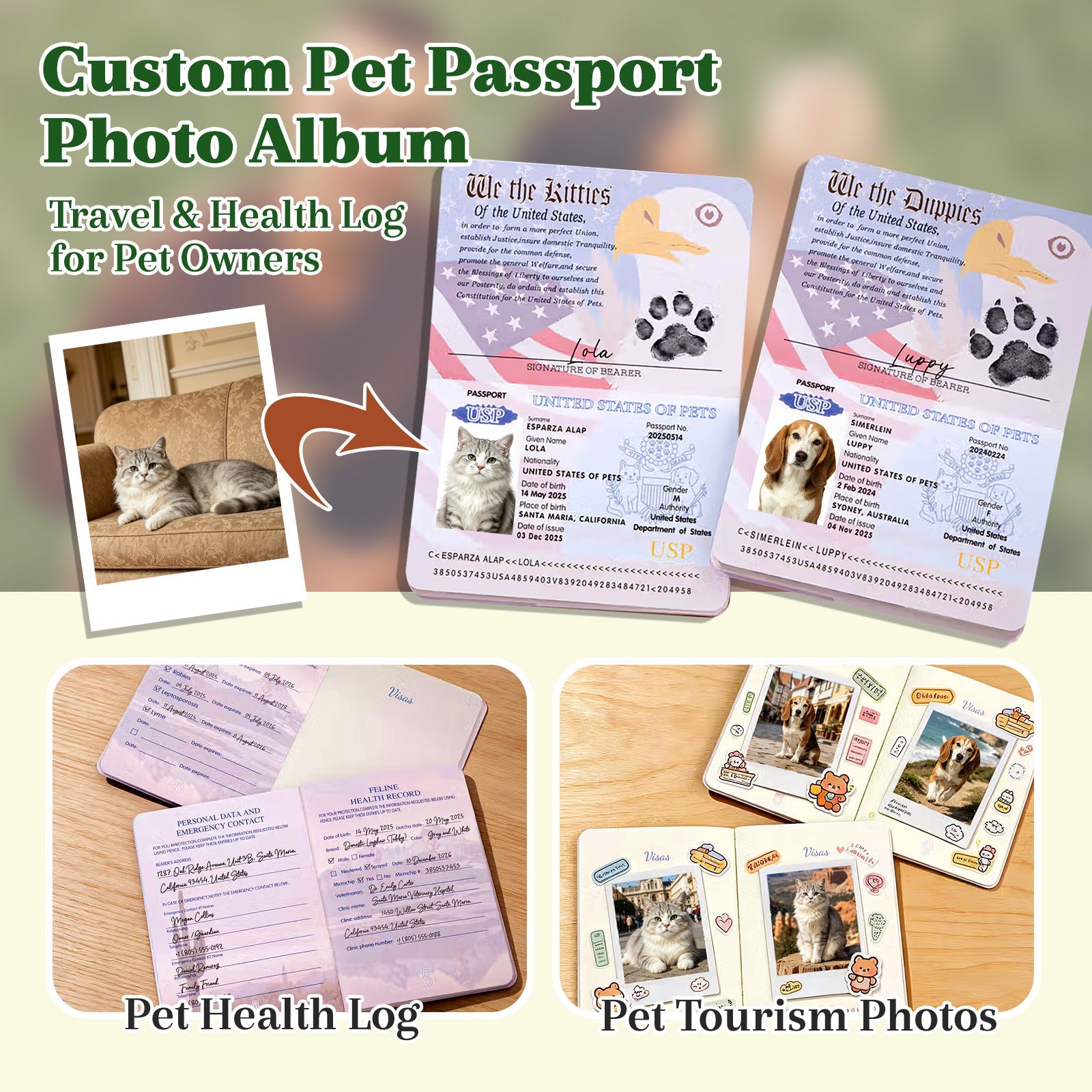 Personalized Pet Passport Photo Album Custom Memory Passport with Photo and Name Gift for Pet Owners Lovers Pet Notebook for Dog & Cat Pet Adoption Anniversary Dog Birthday Gifts