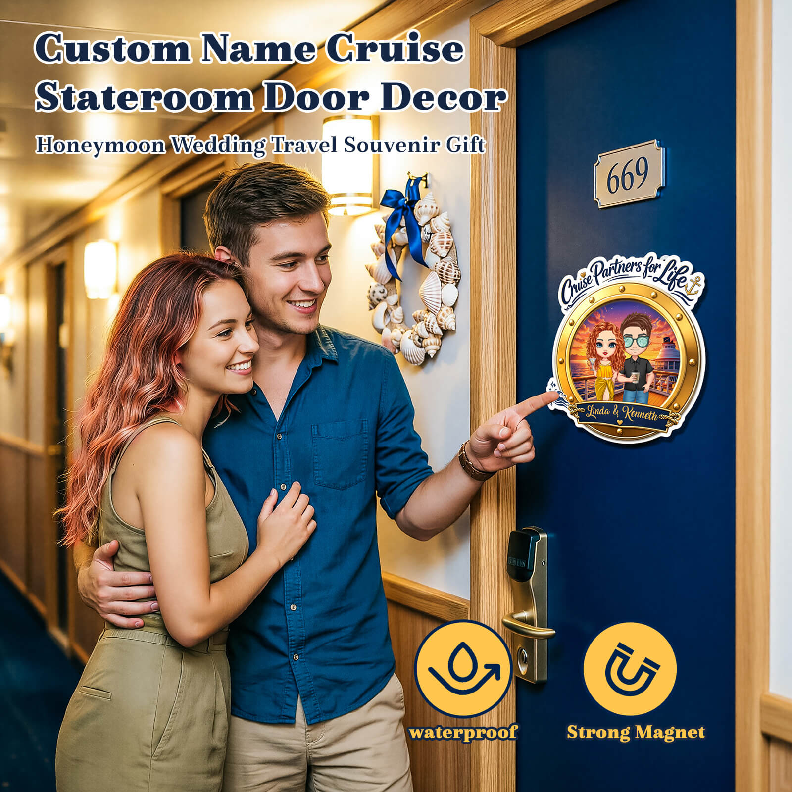 Personalized Cruise Door Magnet Custom Cartoon Couple & Name Cruise Partners for Life Cabin Decoration for Anniversary Honeymoon Trip Cabin Door Fridge Gifts for Husband Wife Family Friends