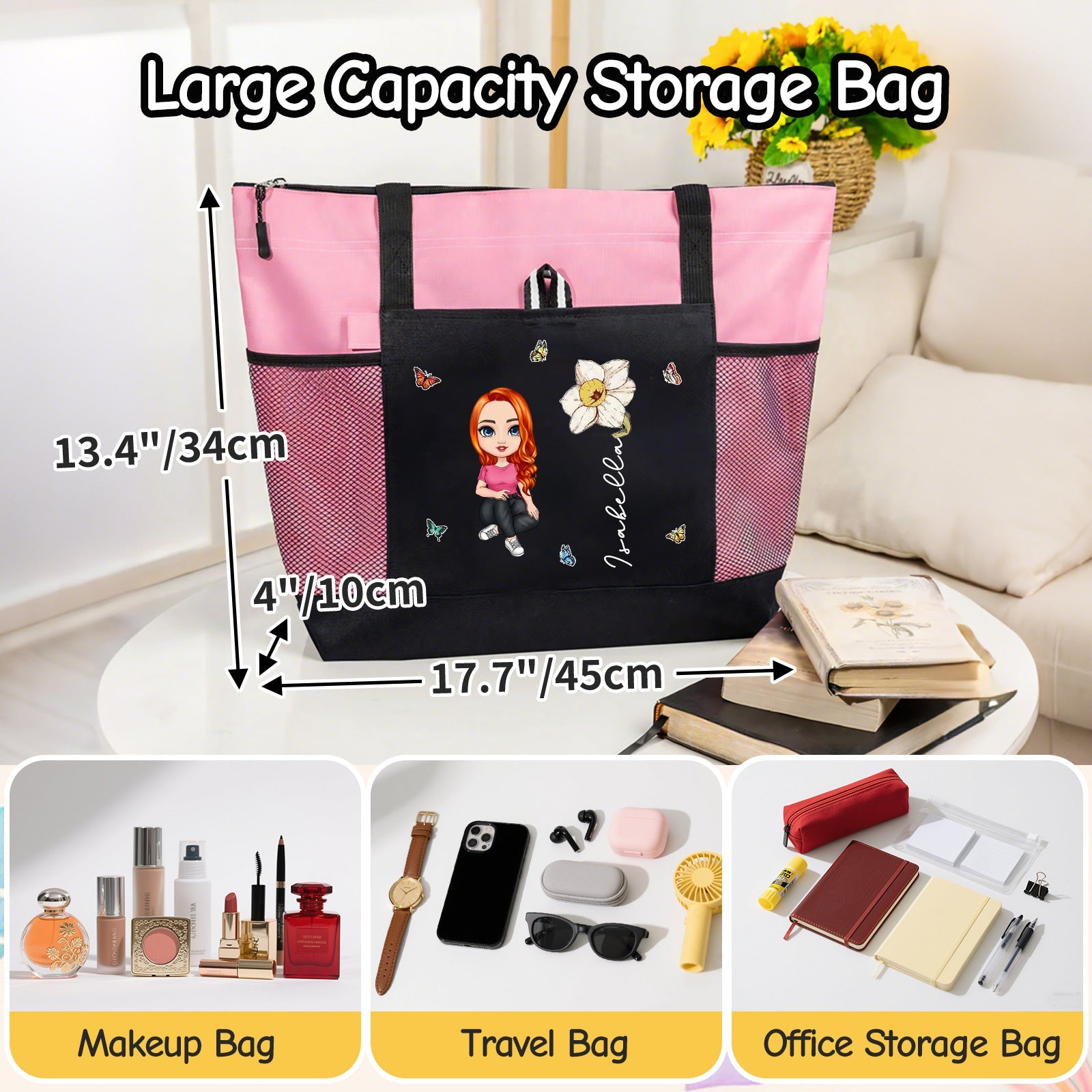 11Personalized Oxford Tote Bag for Women Custom Cartoon Lady Birth Flower Travel Storage Bag with Name Large Capacity Bag for Office Travel Beach Shopping Picnic Birthday Gift for Women
