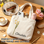 Personalized Birth Flower Corduroy Tote Bag