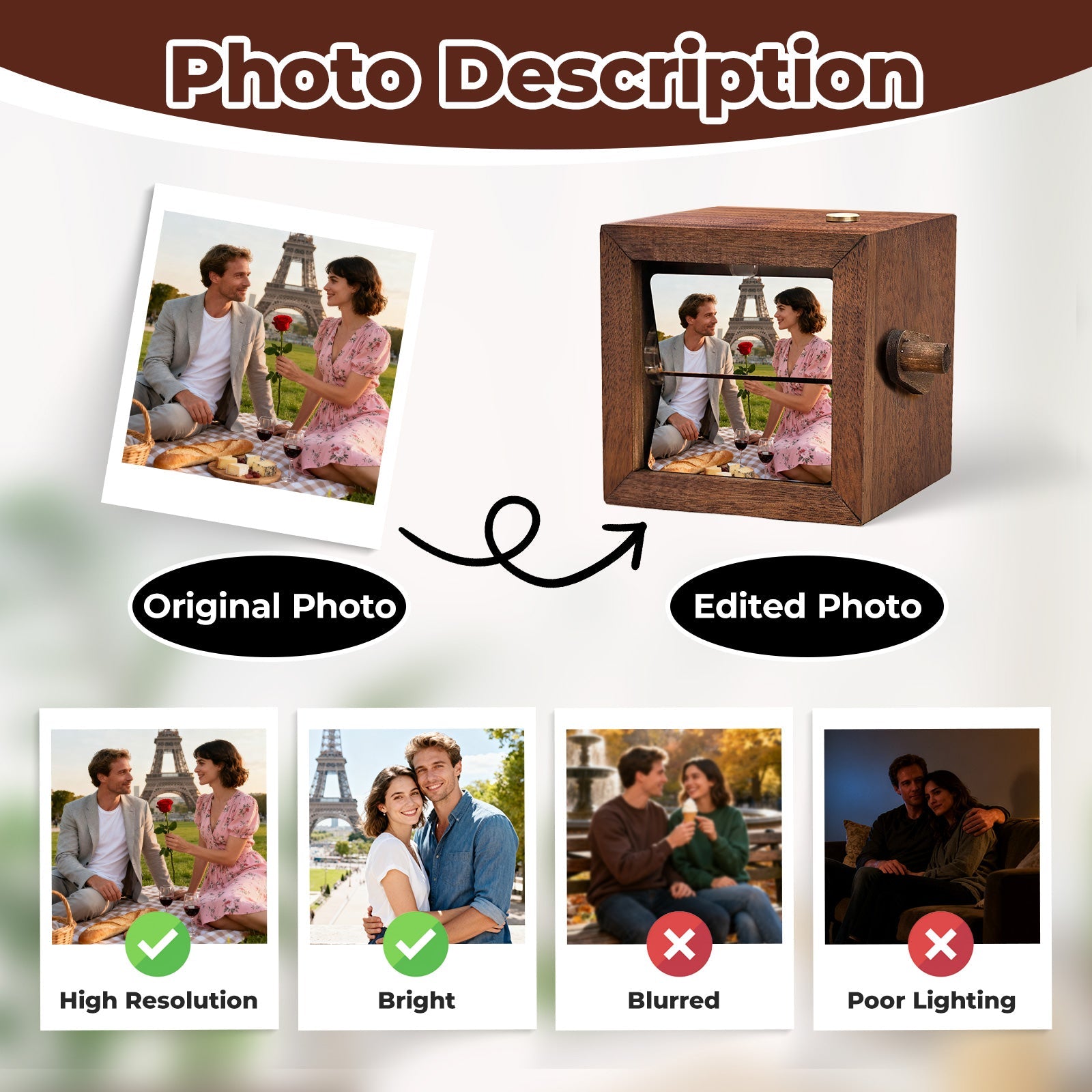 Personalized Photo Flip Box Custom Hand Crank Photo Album with Light & Name Anniversary Keepsake for Him & Her Gifts for Couple Family Christmas Day Father’s Day Wedding Birthday Gift