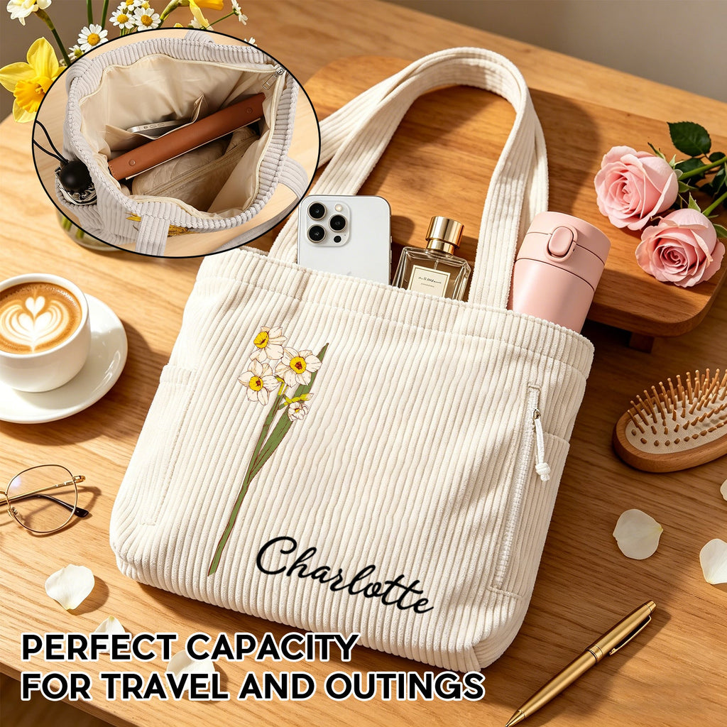 Personalized Birth Flower Corduroy Tote Bag for Women  Custom Name Large Shoulder Bag with Zipper