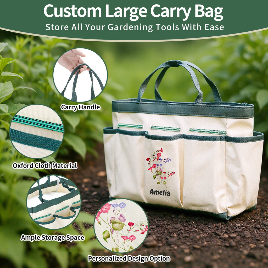 Personalized Gardening Tools Gardening Supplies Kit Gardening Gifts for Women Garden Tool Bag Organizer with Birth Flower and Name Outdoor Hand Tools Birthday Gifts for Gardener Christmas