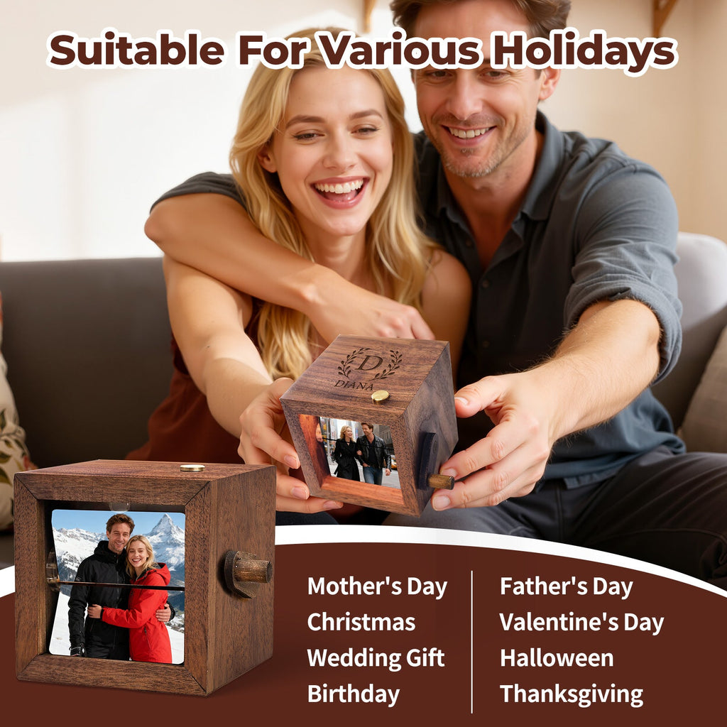 Personalized Photo Flip Box Custom Hand Crank Photo Album with Light & Name Anniversary Keepsake for Him & Her Gifts for Couple Family Christmas Day Father’s Day Wedding Birthday Gift