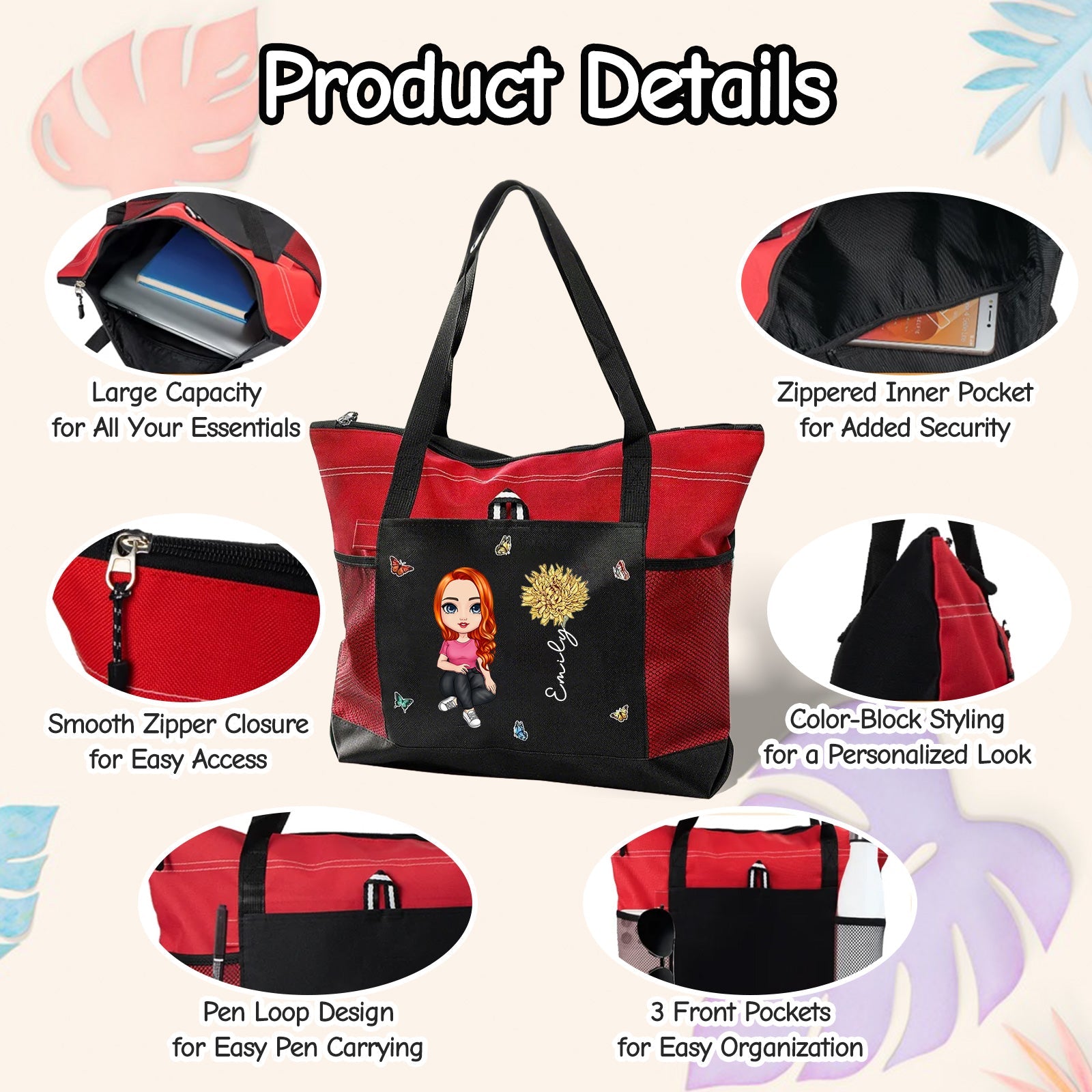 11Personalized Oxford Tote Bag for Women Custom Cartoon Lady Birth Flower Travel Storage Bag with Name Large Capacity Bag for Office Travel Beach Shopping Picnic Birthday Gift for Women