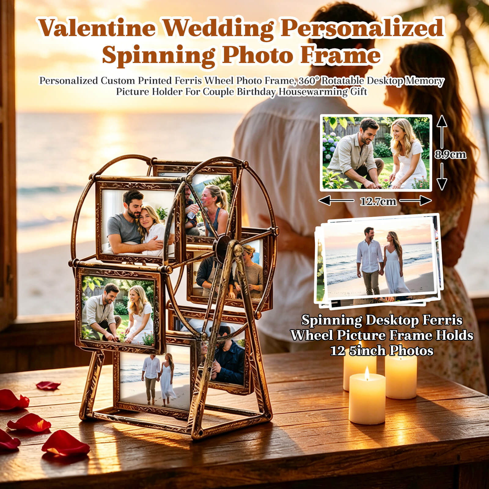 Personalized Ferris Wheel Rotating Picture Frame Vintage Photo Frame with Photo Printing Service Desk Table Top Photo Frames for Home Décor Christmas Birthday Anniversary Housewarming Gifts