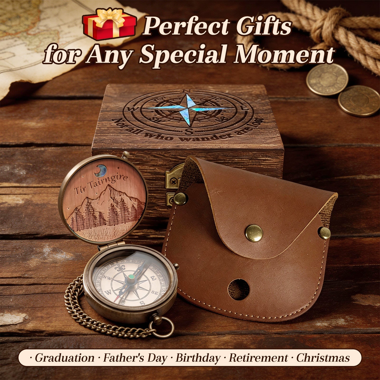 Personalized Engraved Compass with Wooden Box Custom Brass Pocket Compass with PU Leather Storage Pouch