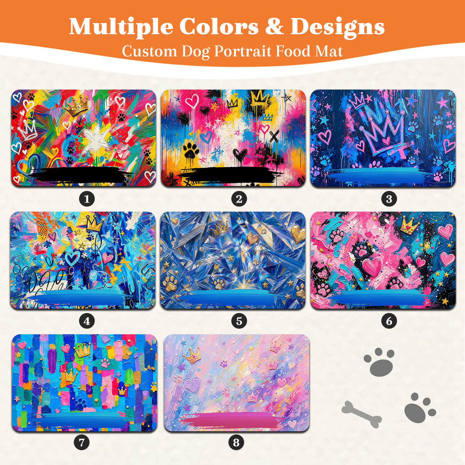 Personalized Pet Food Mat with Photo & Name Dog Mat for Food and Water Graffiti Oil Painting Style Cat Mat for Food Non-Slip Rubber Backing Pet Placemat for Cat Puppy Gift for Pet Lovers