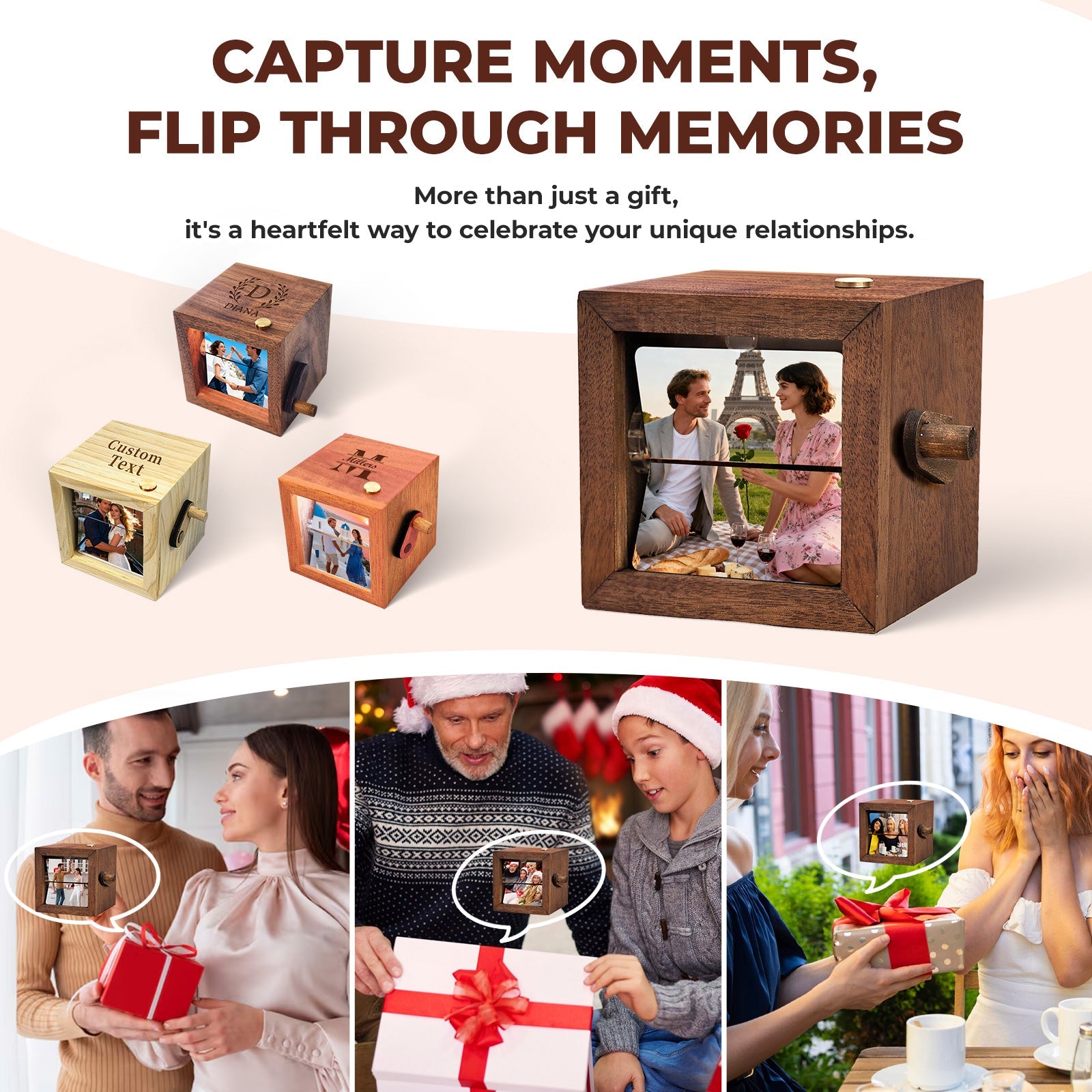 Personalized Photo Flip Box Custom Hand Crank Photo Album with Light & Name Anniversary Keepsake for Him & Her Gifts for Couple Family Christmas Day Father’s Day Wedding Birthday Gift