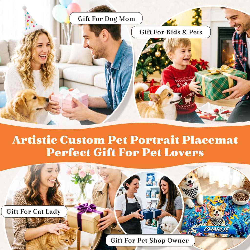 Personalized Pet Food Mat with Photo & Name Dog Mat for Food and Water Graffiti Oil Painting Style Cat Mat for Food Non-Slip Rubber Backing Pet Placemat for Cat Puppy Gift for Pet Lovers