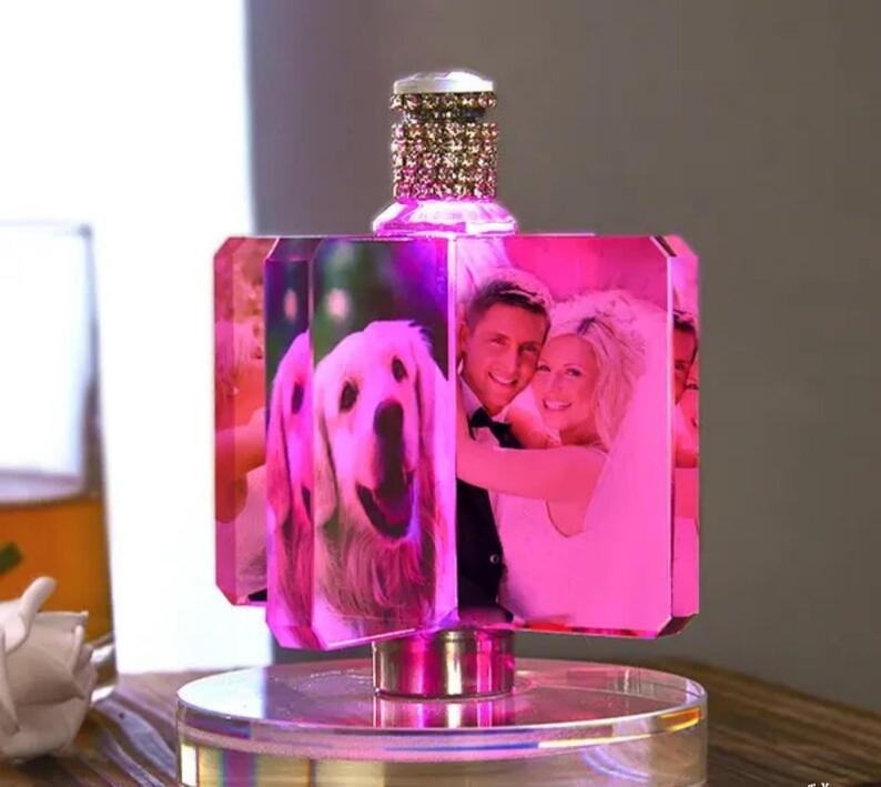 Custom Crystal Lamp Vibrant Color Film - Rotating Photo Night Light Thick Glass Base Metal Shaft Battery Powered