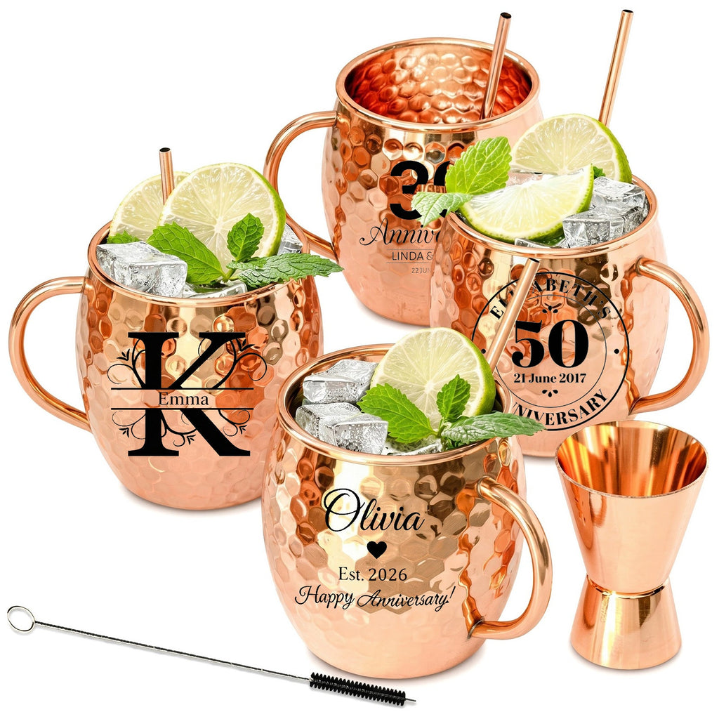 Personalized Moscow Mule Copper Mug 100% Pure Copper Mug Custom Engraved Initials and Name  Large 16 oz Rustic Bar Drinkware Hammered Cocktail Cup Wedding Anniversary Birthday Xmas Gifts
