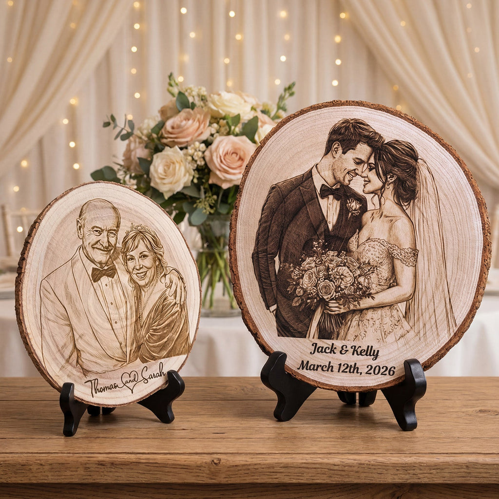 Personalized Couple Photo Wood Decor Custom Engraved Portrait on Wood Slice with Display Stand Newlywed Gifts Idea Rustic Wall Art 5th Anniversary Wedding Engagement Gift for Couple