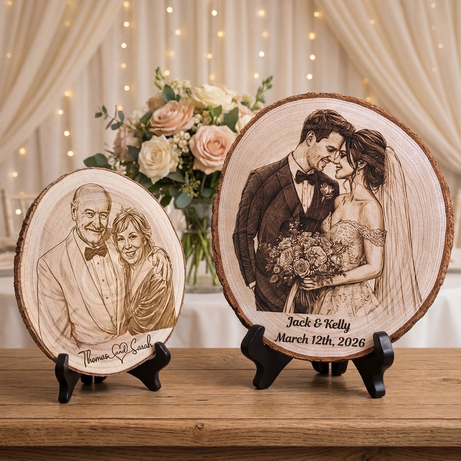 Personalized Couple Photo Wood Decor Custom Engraved Portrait on Wood Slice with Display Stand Newlywed Gifts Idea Rustic Wall Art 5th Anniversary Wedding Engagement Gift for Couple