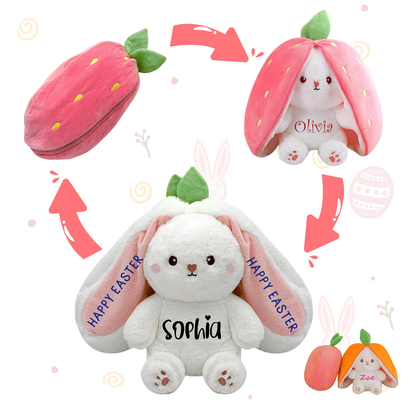 Personalized Easter Bunny Plush Rabbit Hiding in A Zip-Up Strawberry or Carrot Custom Name 100% Cotton Stuffed Plush Toy Easter Basket Stuffers Easter Fun Gifts for Kids Girls Boys