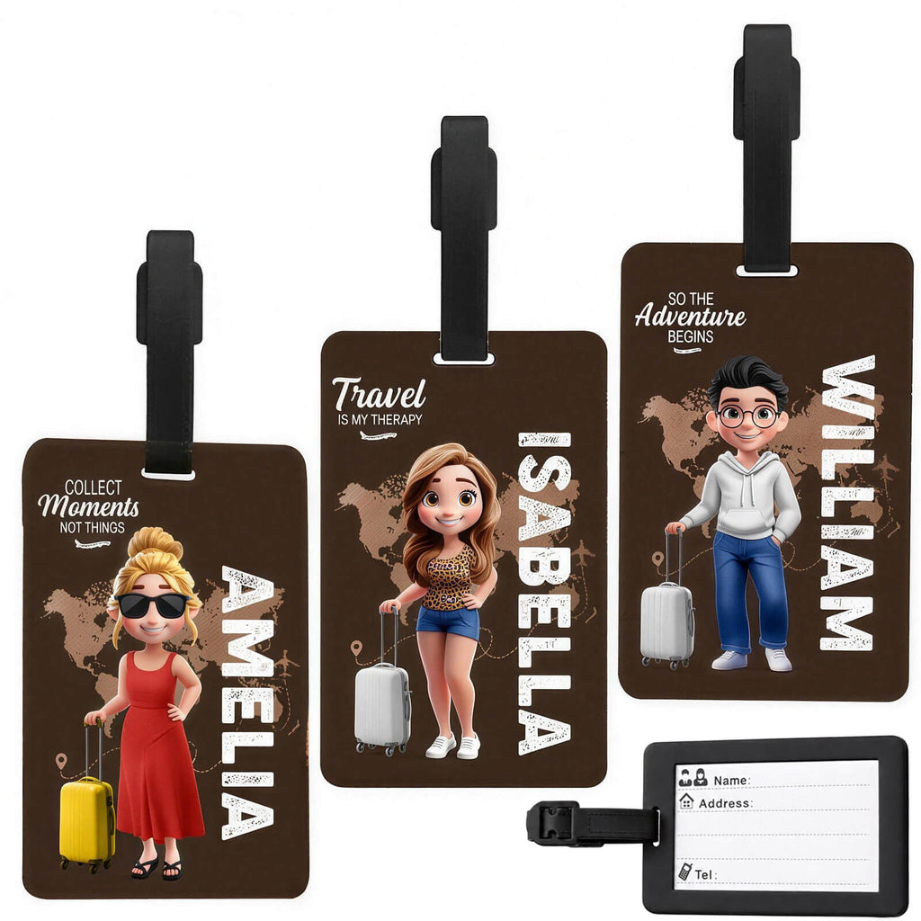 Personalized Travel Luggage Tag Custom Cartoon Character and Name Unisex Travel Accessories Essentials with Blank Insert Card Birthday Gifts for Men Women Family Friends Travel Lovers