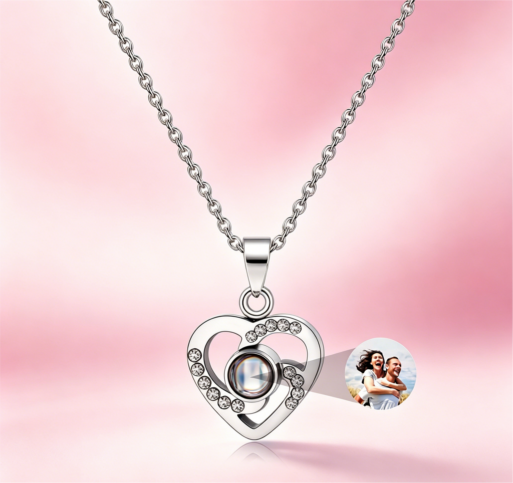 Personalized Picture Projection Necklace for Women - Custom Photo Love Heart Pendant - Customized Portrait Jewelry - Birthday Anniversary Memorial Gifts for Her