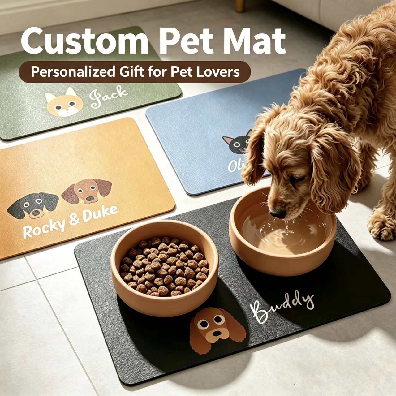 Personalized Dog Cat Feeding Mat Custom Name Pet Food Bowl Mat