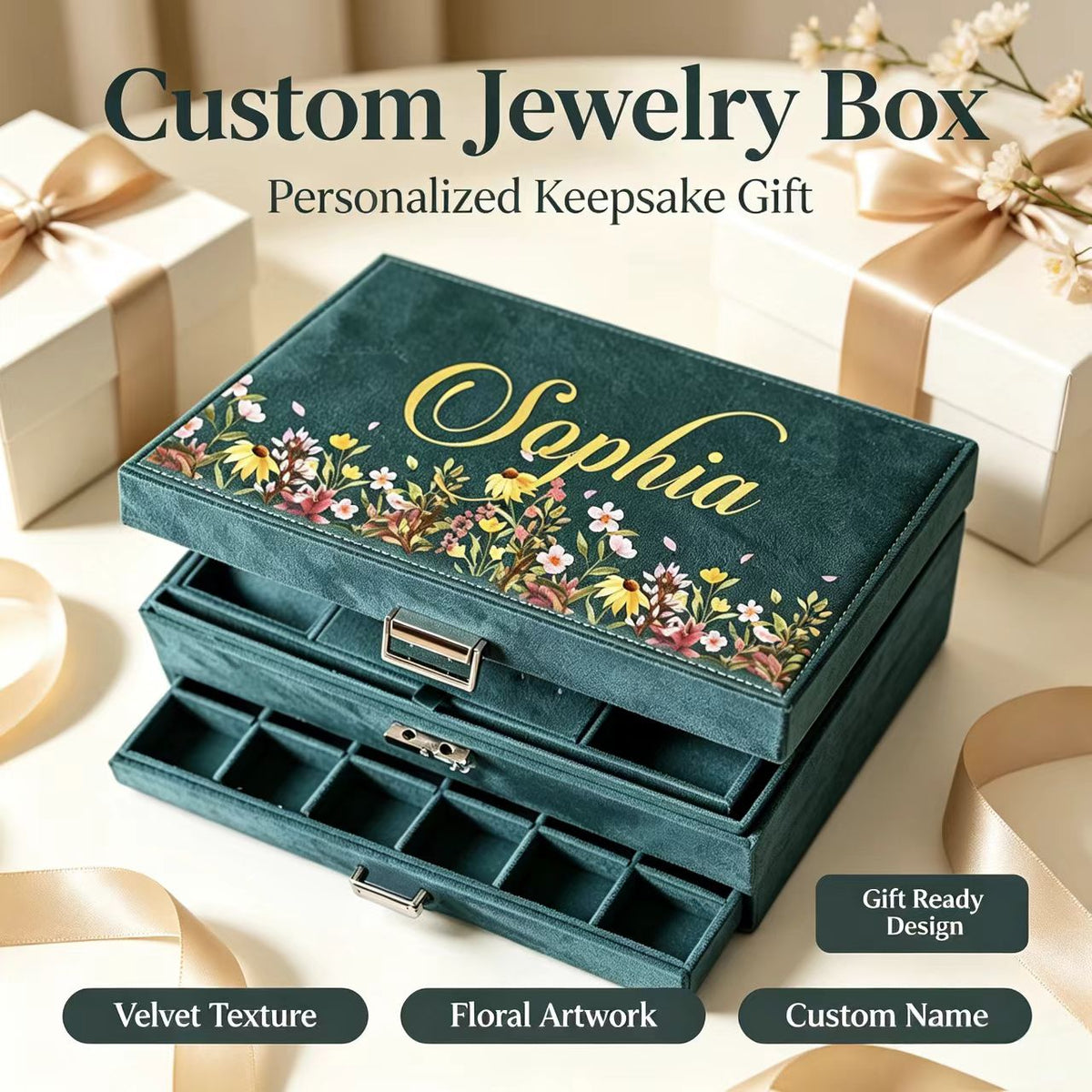 Custom Flower & Name Velvet Jewelry Case | Thoughtful Gift for Birthday, Wedding & Bridal Shower
