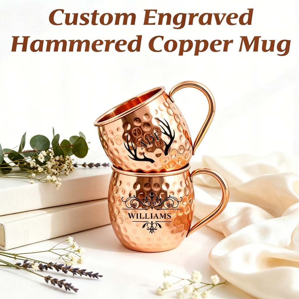 Personalized Moscow Mule Copper Mug 100% Pure Copper Mug Custom Engraved Initials and Name  Large 16 oz Rustic Bar Drinkware Hammered Cocktail Cup Wedding Anniversary Birthday Xmas Gift
