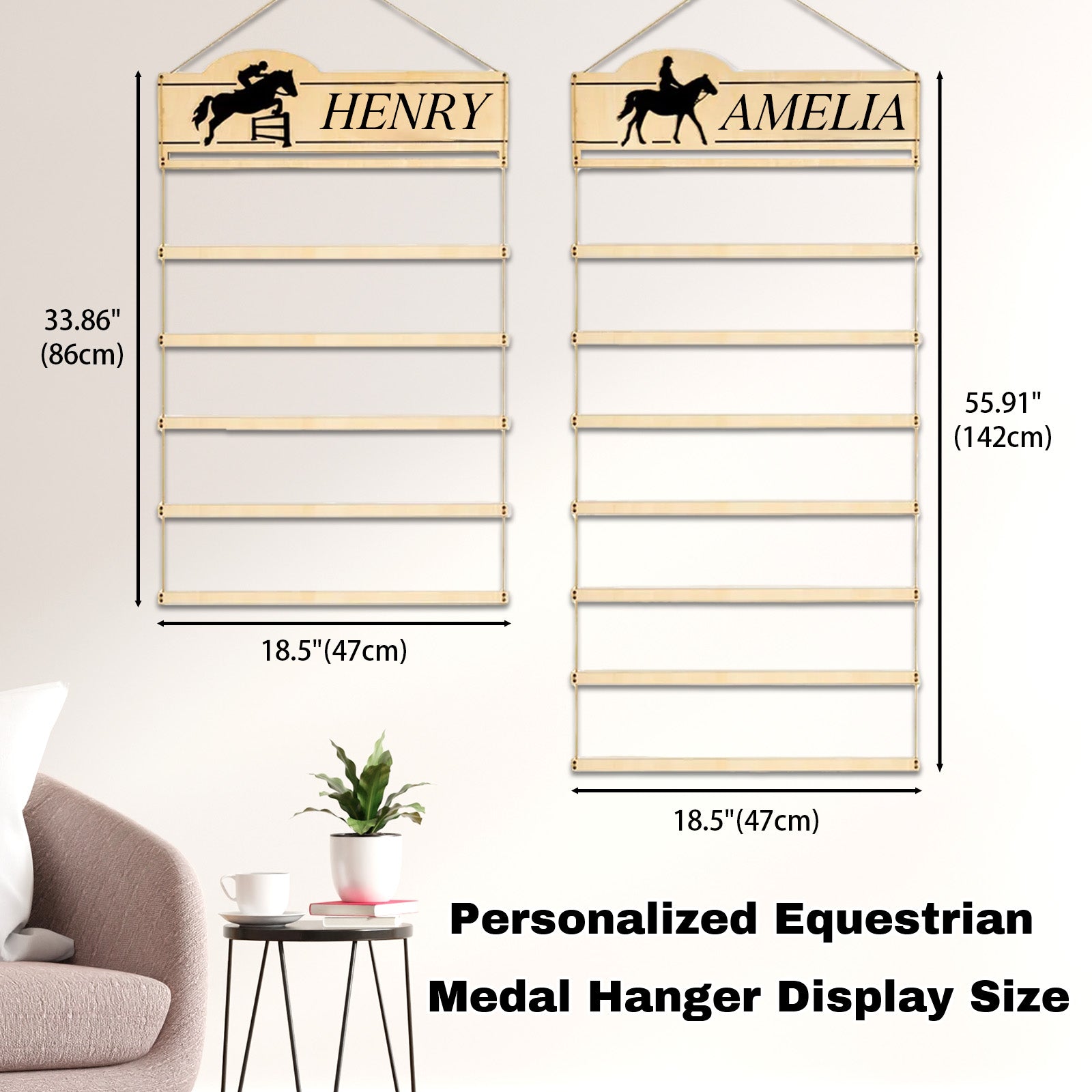 Personalized Equestrian Medal Hanger Display with Name Wooden Medal Holder for Wall Mount Ribbon Display Medals Badge Holder for Horse Show Gymnastics Soccer Running Race Medals Awards Rack