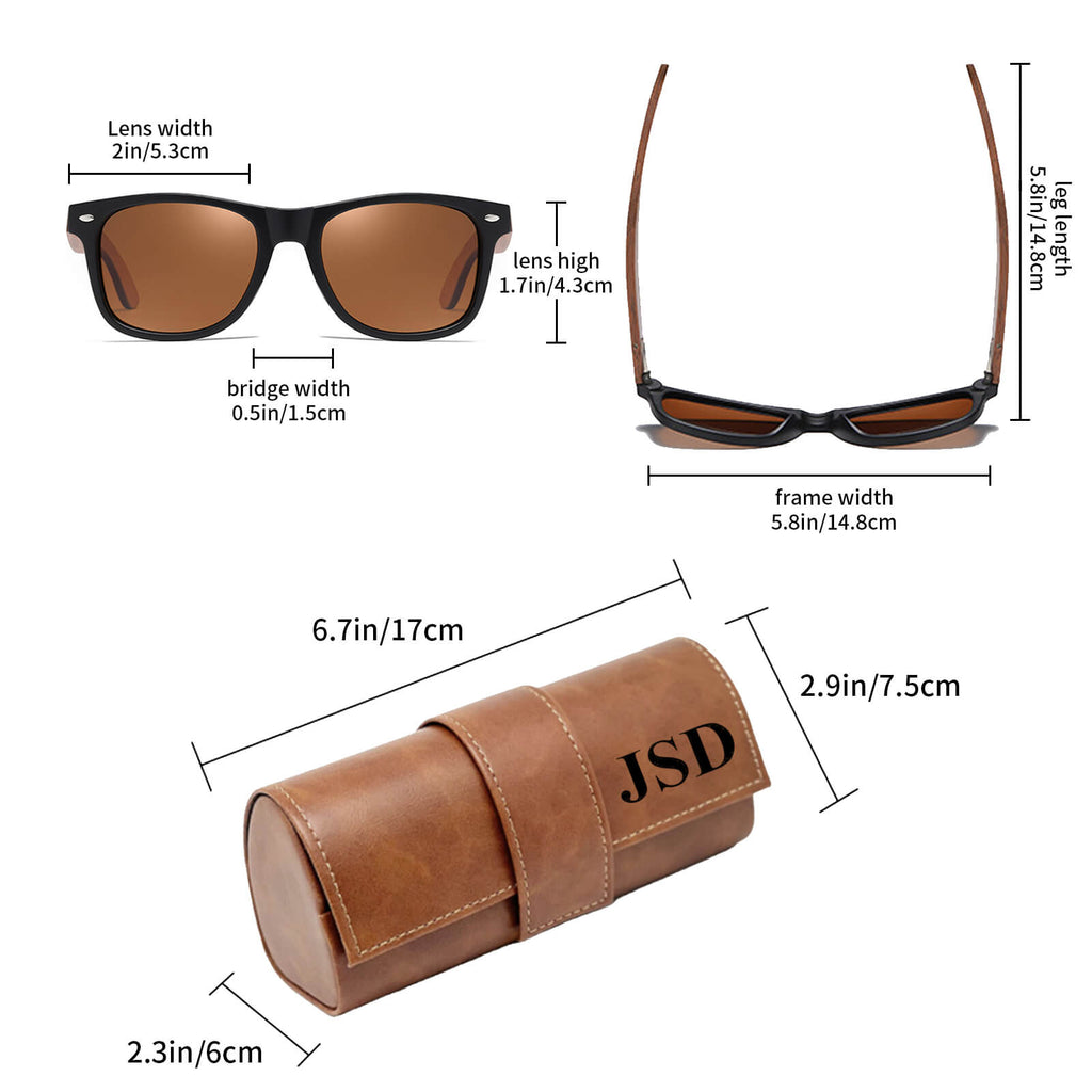 Personalized Wooden Sunglasses with Leather Box Walnut Wood Sunglasses with Dark Polarized Lenses for Men and Women with UVA & UVB Protection Custom Groomsmen Gift Set Unique Gift for Him