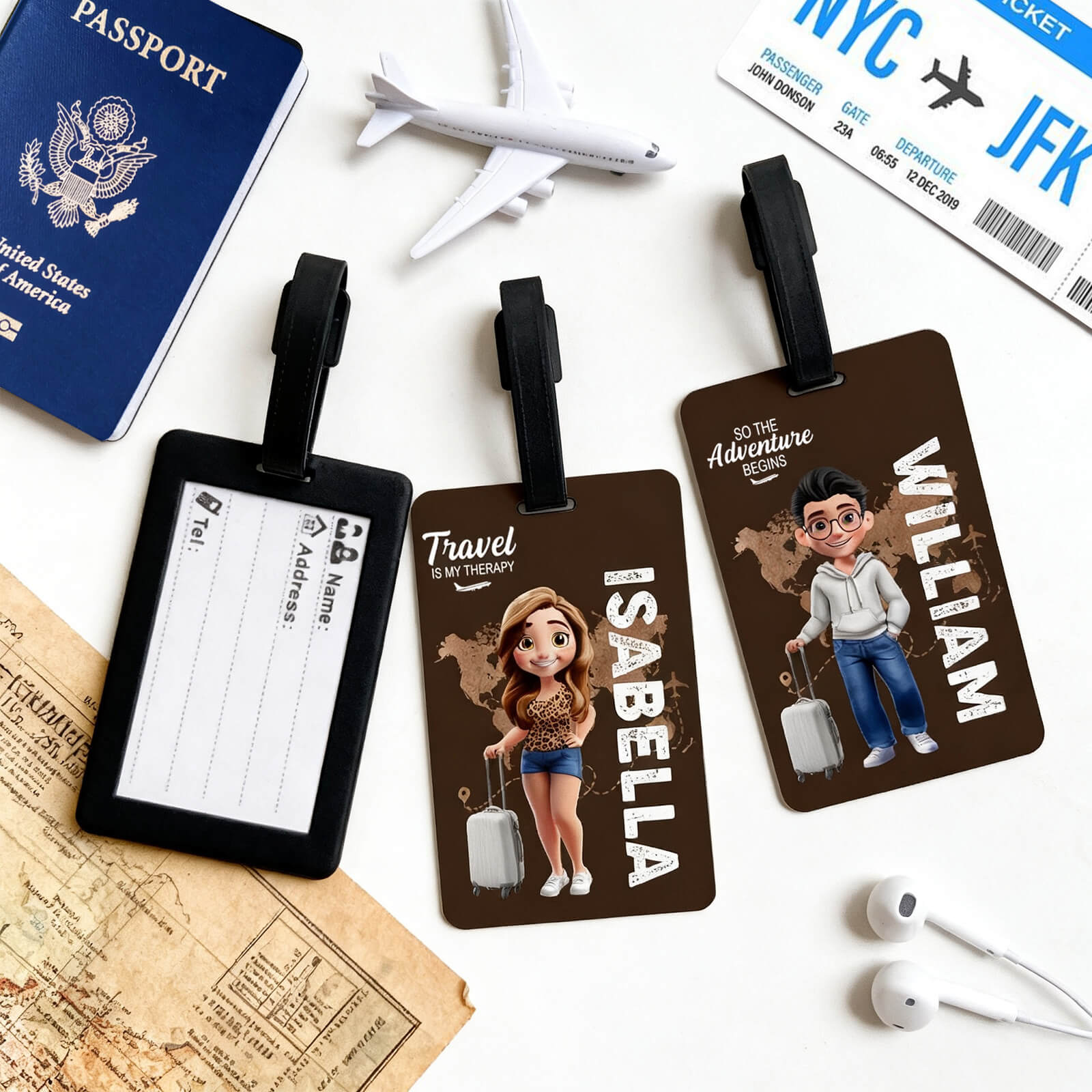 Personalized Travel Luggage Tag Custom Cartoon Character and Name Unisex Travel Accessories Essentials with Blank Insert Card Birthday Gifts for Men Women Family Friends Travel Lovers
