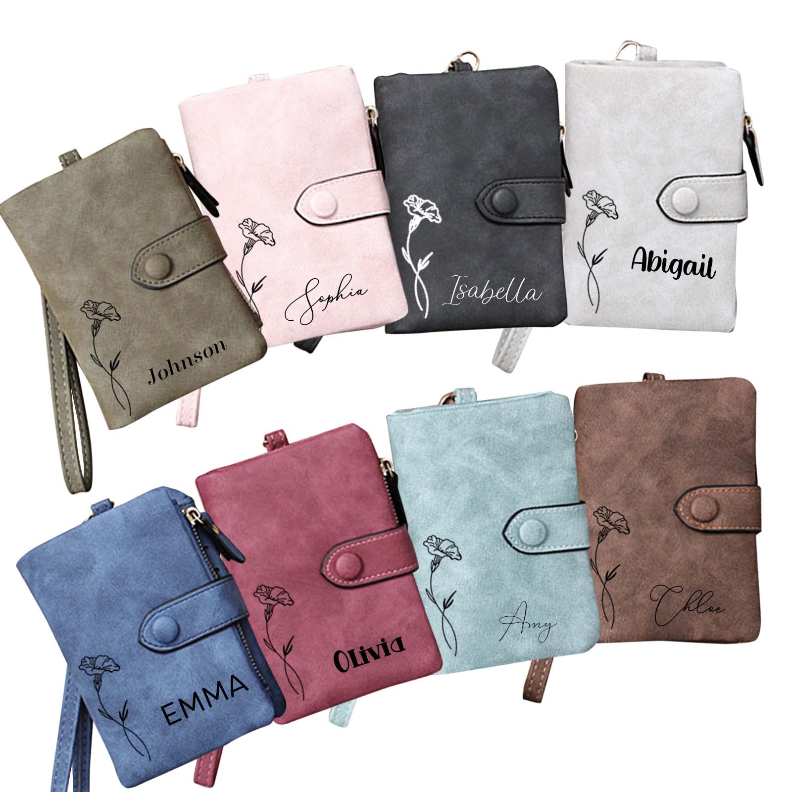 Personalized Leather Wallet, Custom Birth Flower Wallet