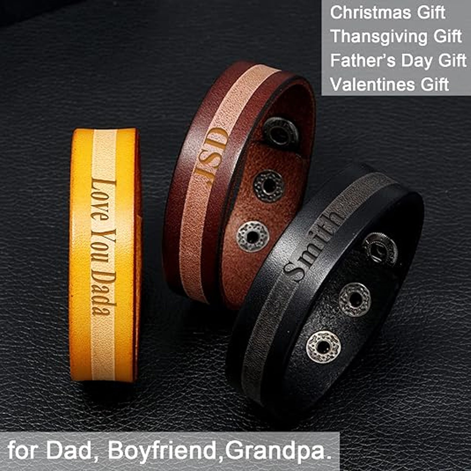 Personalized Leather Bracelet for Men Genuine Leather Customized Vintage Wristband Bracelets Cuff Laser Engraving Text Gifts for Dad Boyfriend Gift for Christmas Fathers Day Thanksgiving
