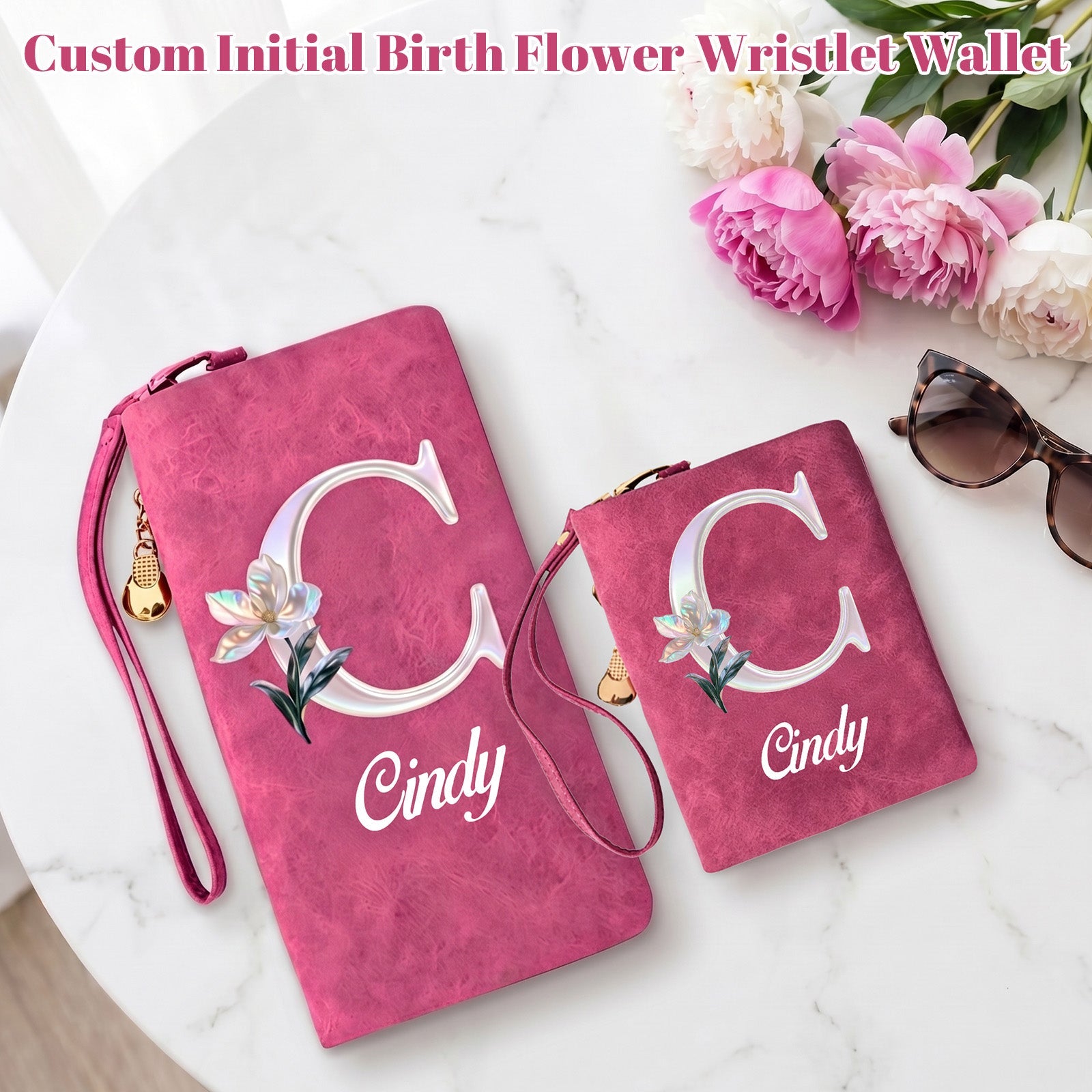 Personalized Wristlet Wallet for Women Custom Pearl Initial Birth Flower and Name PU Leather Wallet with Coin Pocket Id Window & Grip Hand Strap Mother's Day Birthday Gift for Mom Friends