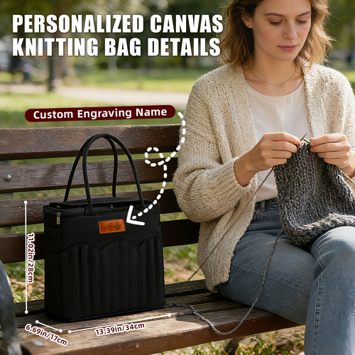 Custom Knitting Bag with Name Leather Patch