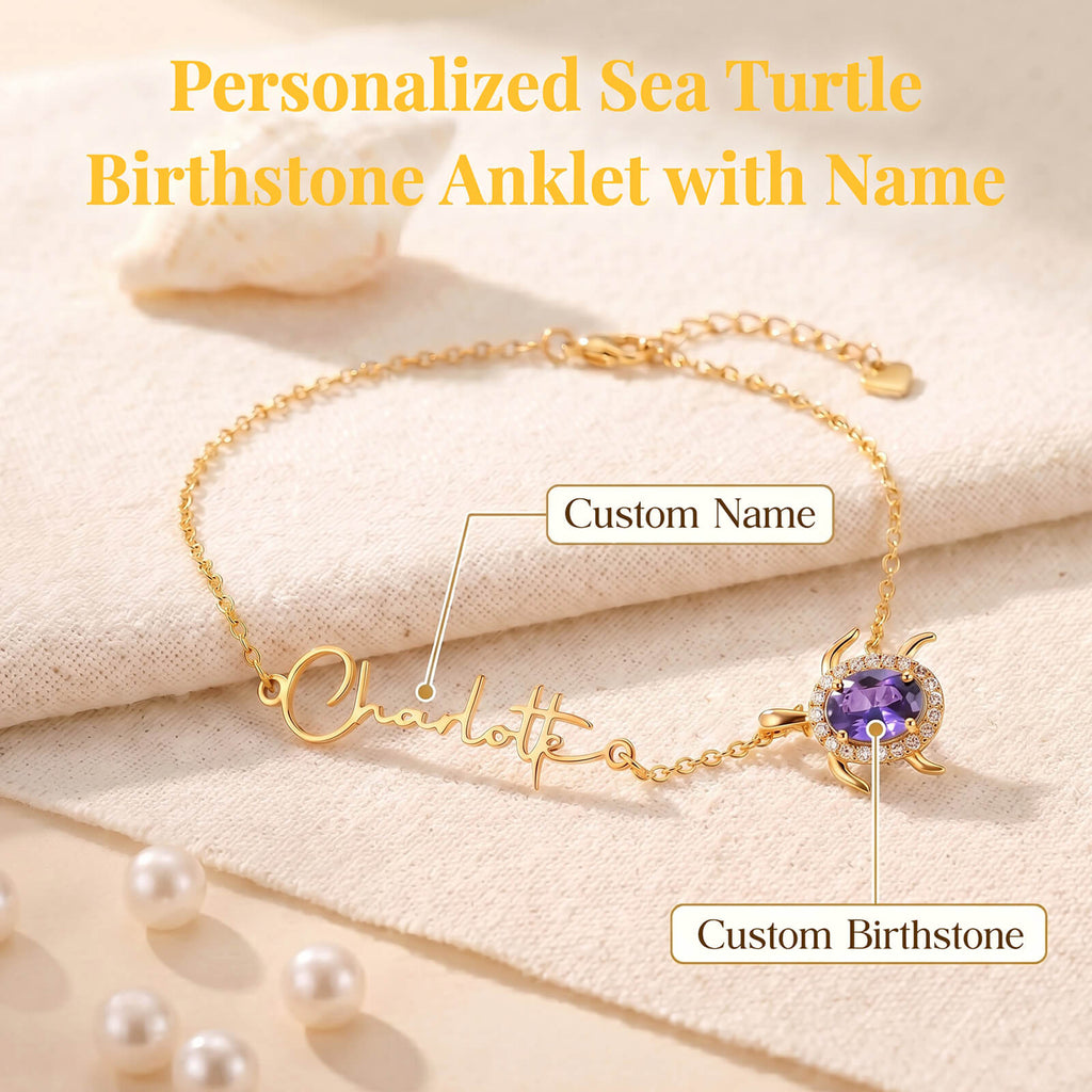 Personalized Sea Turtle Birthstone Anklet with Name Custom Beach Anklet for Women Turtle Jewelry Beach Accessory for Sister Girlfriend Mom Summer Vacation Gift for Birthday Anniversary