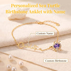 Personalized Sea Turtle Birthstone Anklet with Name Custom Beach Anklet for Women Turtle Jewelry Beach Accessory for Sister Girlfriend Mom Summer Vacation Gift for Birthday Anniversary